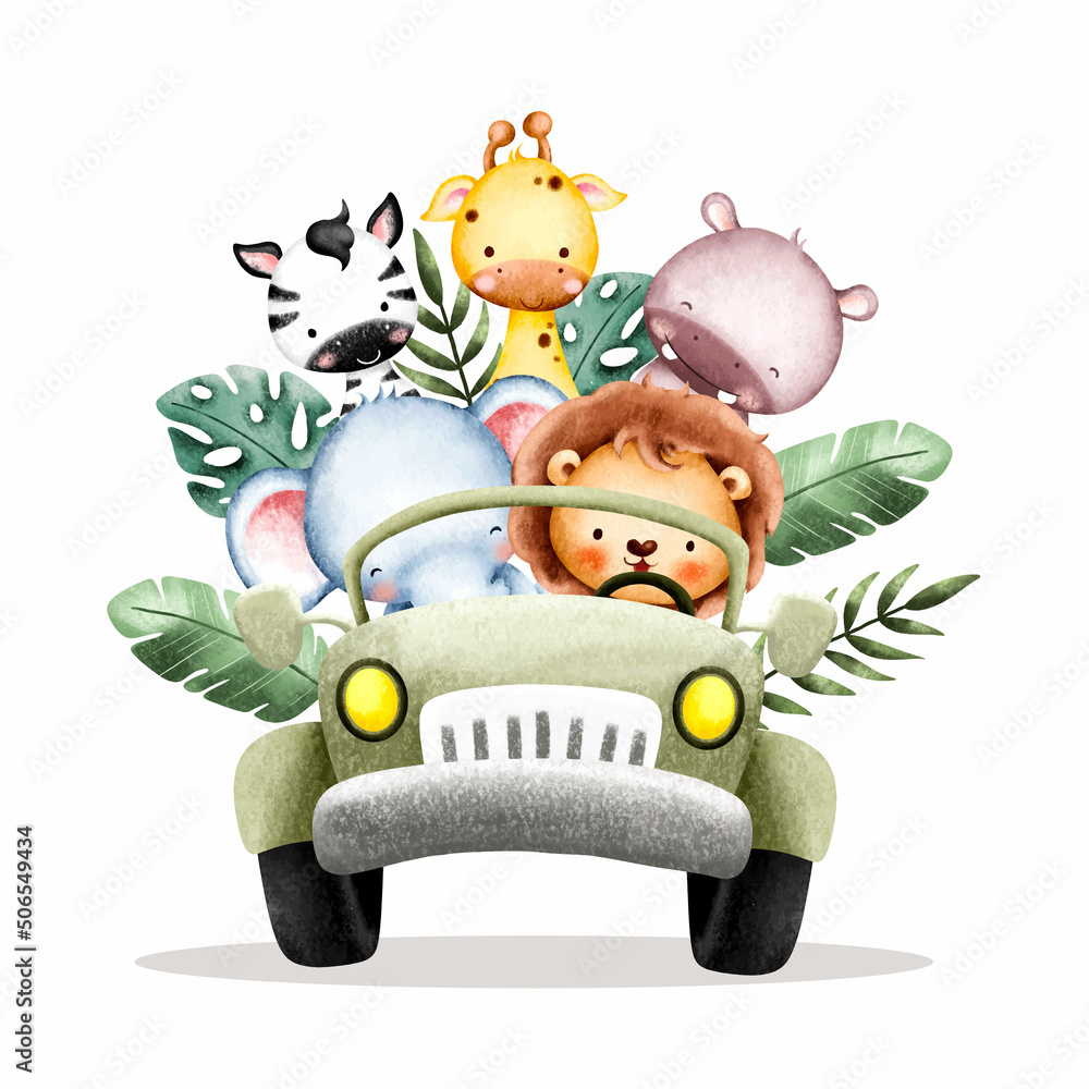Watercolor Baby safari animals  in jeep  - obrazy, fototapety, plakaty 