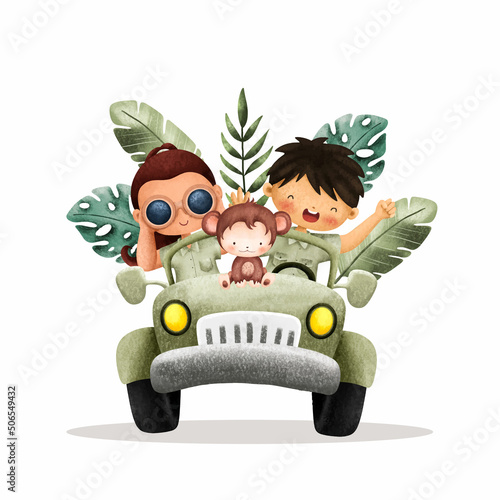 Watercolor safari Kids in Safari Jeep 