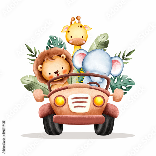 Watercolor Baby safari animals  in jeep 