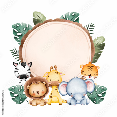 Watercolor Illustration Cute Baby Animal Frame template 
