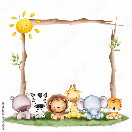 Watercolor Illustration Cute Baby Animal Frame template 