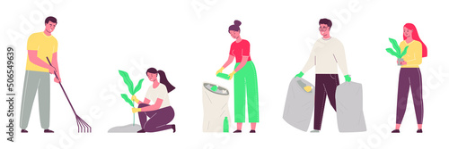 People collect garbage. Woman planting tree. Volunteers care about environment. Ecology. Vector illustration
