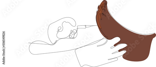 Continuous drawing of one line of doctor injects the patient in the foot area of the sole against hyperhidrosis excessive. Vector illustration