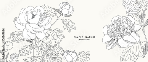 Luxury peony flower background vector with simple line decorate wall art