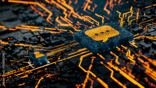 Text Technology Concept with sms symbol on a Microchip. Orange Neon Data flows between the CPU and the User across a Futuristic Motherboard. 3D render. photo