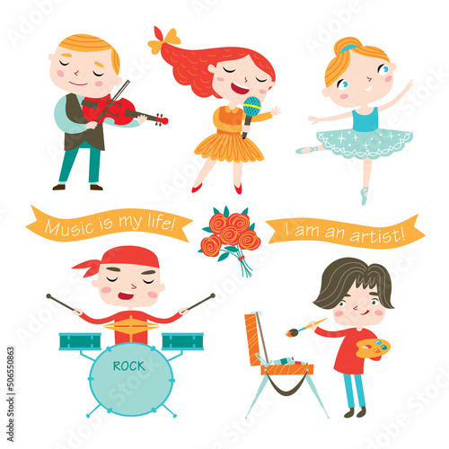 Children studying arts . Vector collection isolated on a white background.