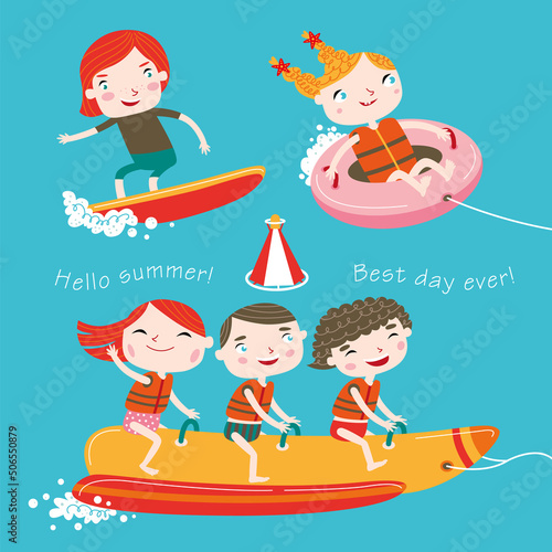 Summer child's outdoor activities. Beach holiday. Happy childhood. Vector set on a blue background. Happy boys and girls on the sea.