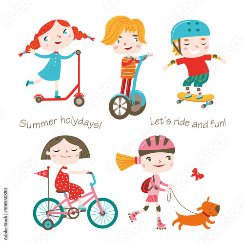 Summer child's outdoor activities. Happy childhood. Vector set on a white background. Boys and girls skating and ride kick scooter and bike.