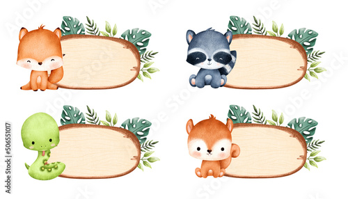 Set of wooden board with leaves and baby animals