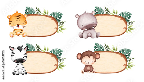 Set of wooden board with leaves and baby animals