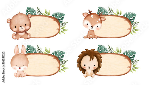 Set of wooden board with leaves and baby animals