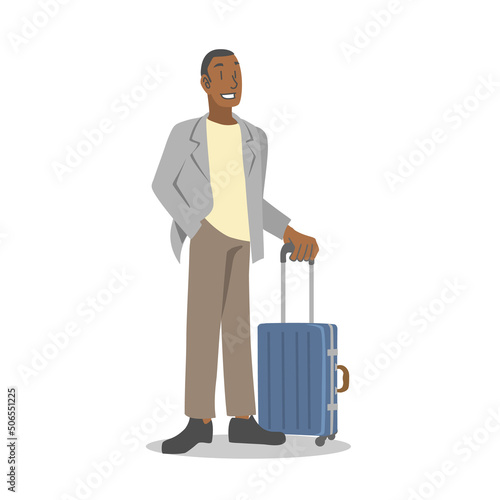 スーツケースを持って出張へ行く黒人の男性