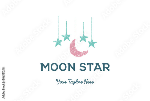 Cute Scribble Lovely Hanging Moon Star Logo Design Vector