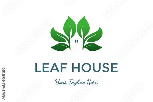 Green Plant Tree Leaf with House for Environment Herbal Spa Logo Design Vector