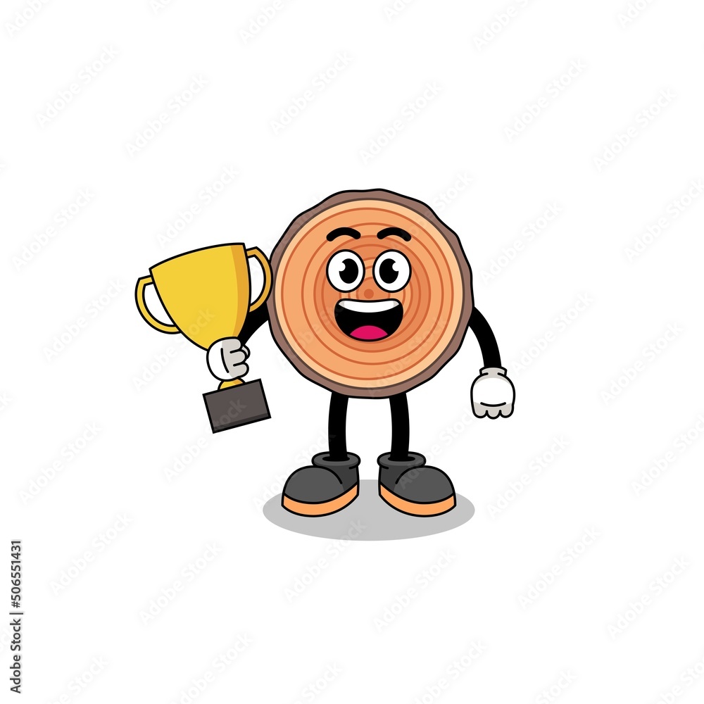 Cartoon mascot of wood trunk holding a trophy Cartoon mascot of wood trunk holding a trophy