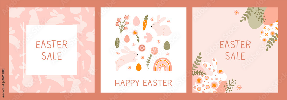 Set sale template with a silhouette holiday Easter eggs, rabbit and flowers in flat style. Illustration easter bunny and eggs in pastel colors and space for your text. Vector