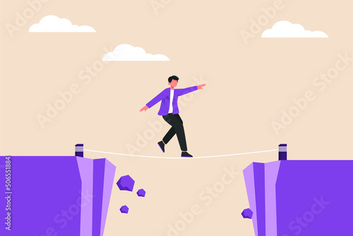 Businessman standing and walking a tightrope over the abyss. Risk Management. Flat vector illustration isolated.