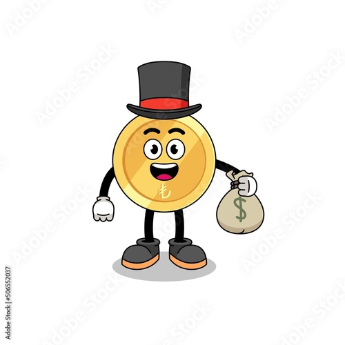 turkish lira mascot illustration rich man holding a money sack
