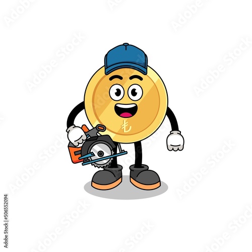 Cartoon Illustration of turkish lira as a woodworker