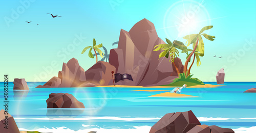 Rocky island with pirate flag and palm trees in the ocean. Bottle with paper message in it. Cartoon vector illustration