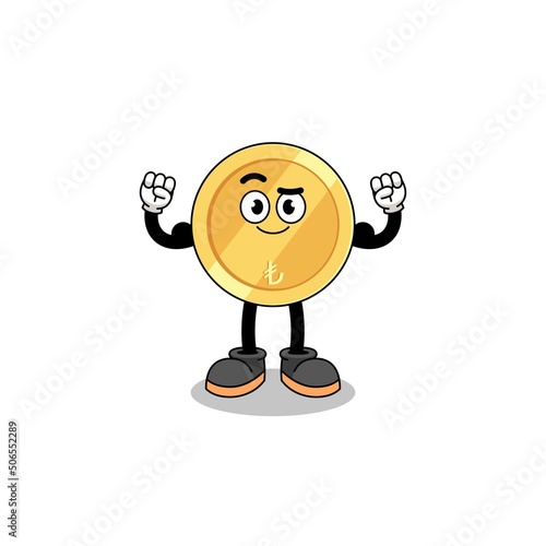 Mascot cartoon of turkish lira posing with muscle