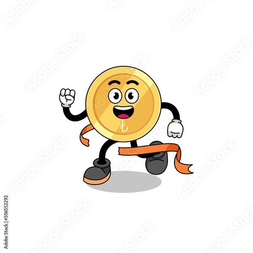 Mascot cartoon of turkish lira running on finish line