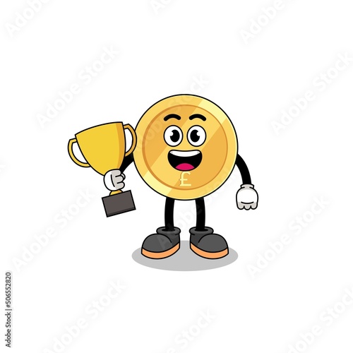 Cartoon mascot of pound sterling holding a trophy