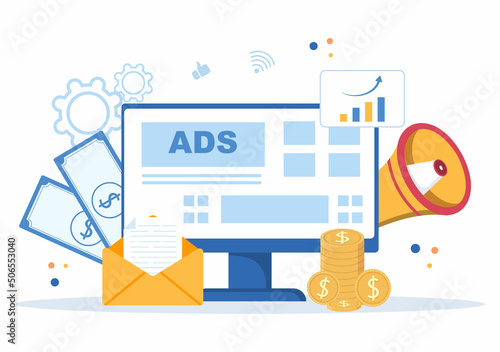 Advertising or ADS Vector Illustration for Mobile Social Media, Campaign, Business Promotion, Brand and Digital Marketing in Flat Cartoon Style