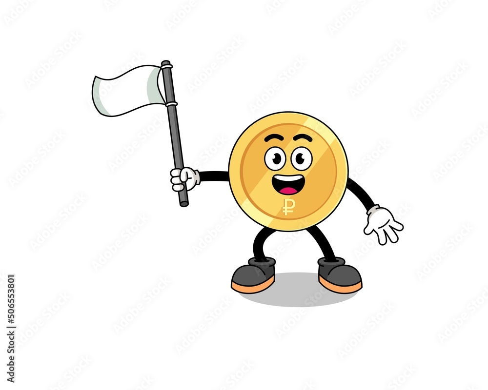 Cartoon Illustration of russian ruble holding a white flag Cartoon Illustration of russian ruble holding a white flag