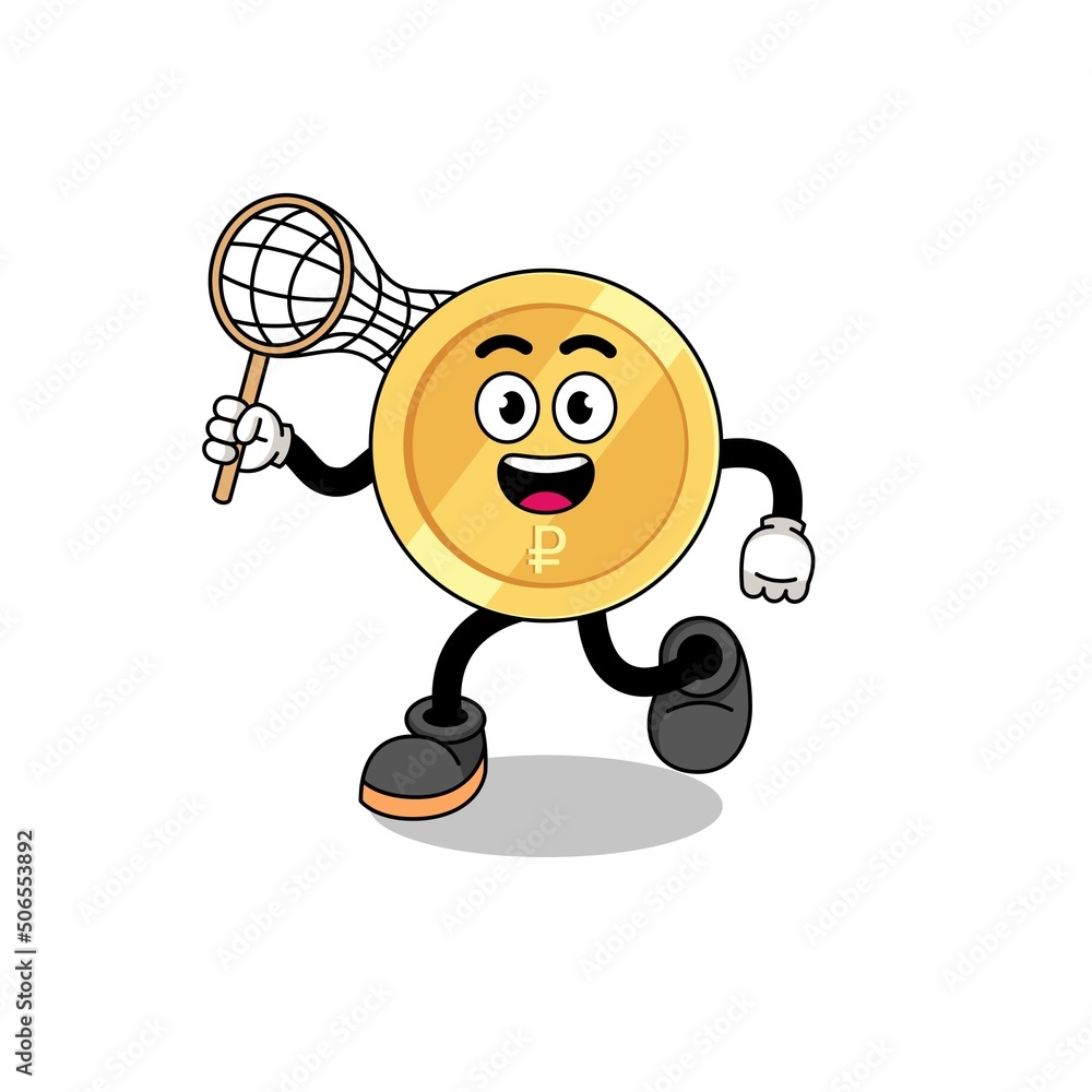 Cartoon of russian ruble catching a butterfly Cartoon of russian ruble catching a butterfly