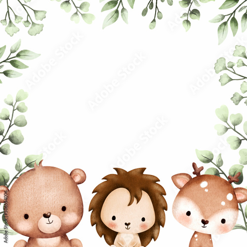 Woodland animals with greenl leaf frame template photo