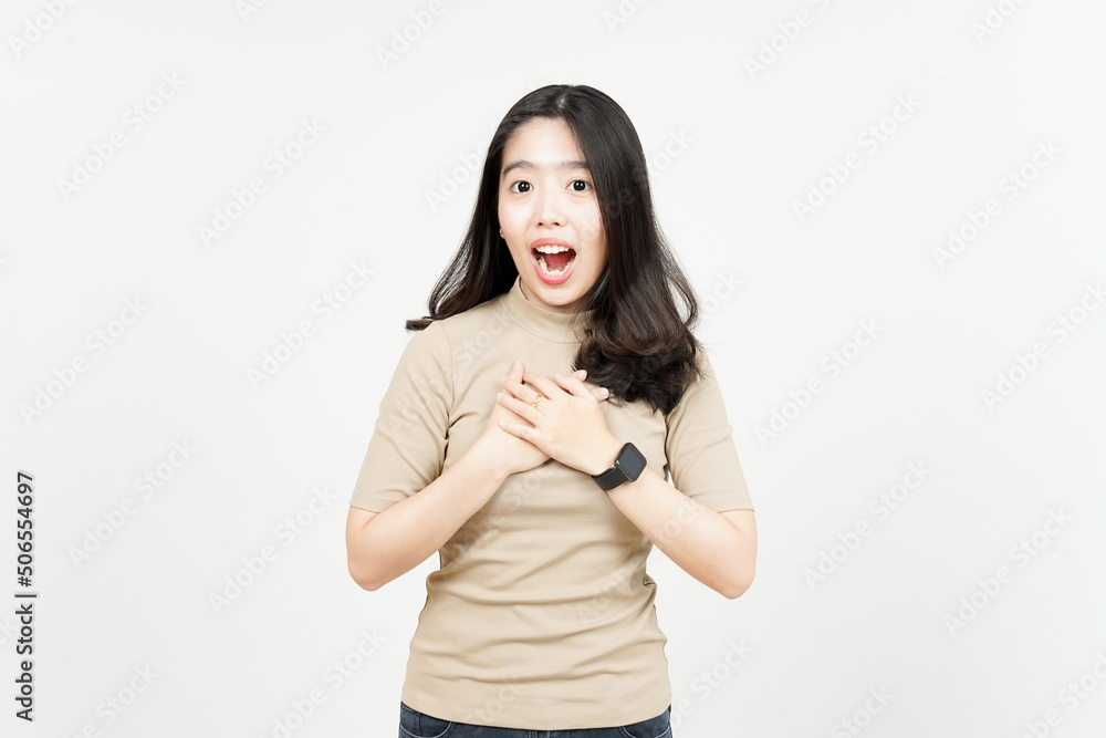 Hand on Chest Self Love Gesture Of Beautiful Asian Woman Isolated On White Background Hand on Chest Self Love Gesture Of Beautiful Asian Woman Isolated On White Background
