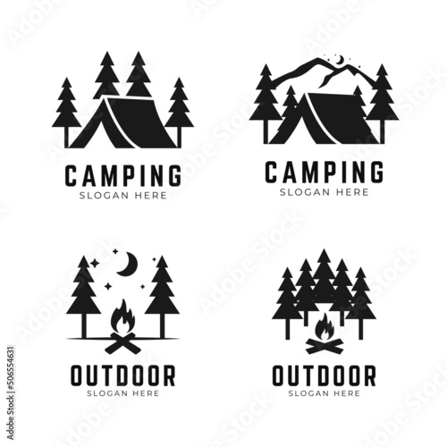 Camping logo collection in the forest with a campfire and tent