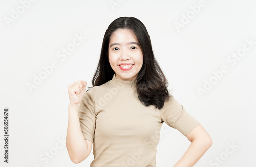 Yes and Celebration Gesture Of Beautiful Asian Woman Isolated On White Background