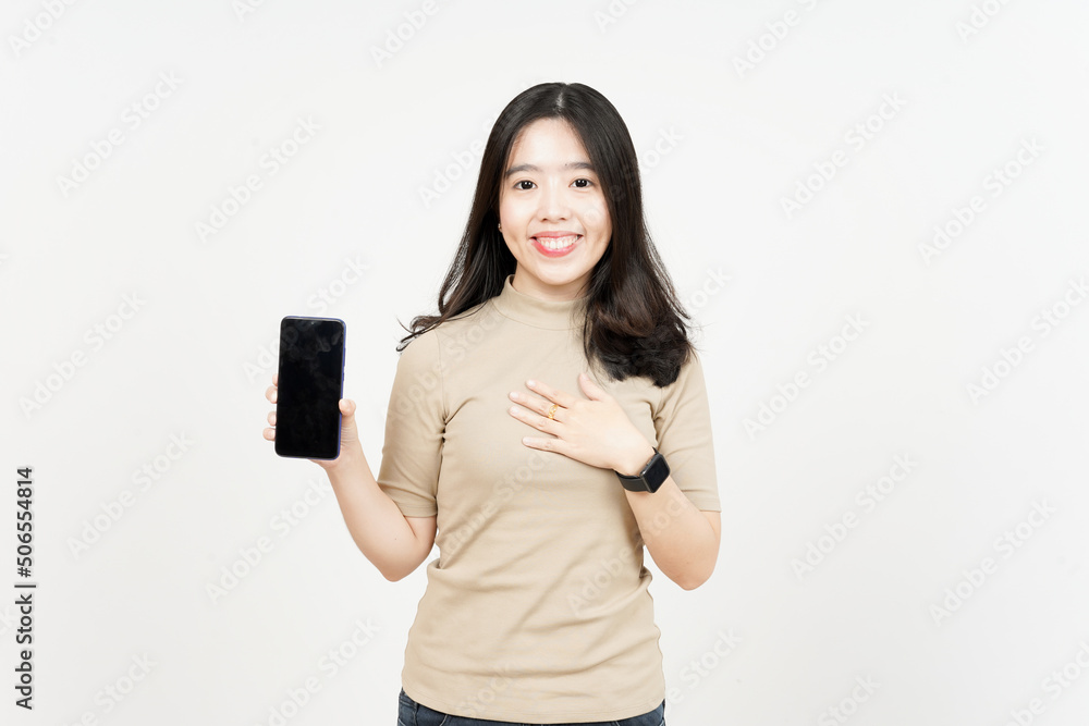 Showing Apps or Ads On Blank Screen Smartphone Of Beautiful Asian Woman Isolated On White Background Showing Apps or Ads On Blank Screen Smartphone Of Beautiful Asian Woman Isolated On White Background
