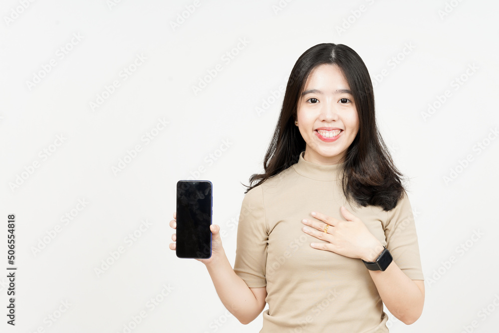 Showing Apps or Ads On Blank Screen Smartphone Of Beautiful Asian Woman Isolated On White Background Showing Apps or Ads On Blank Screen Smartphone Of Beautiful Asian Woman Isolated On White Background
