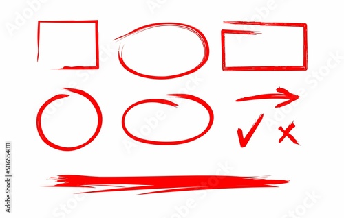 Hand drawn shapes oval, circles and dividers. Scribble red pictures. Vector doodle set