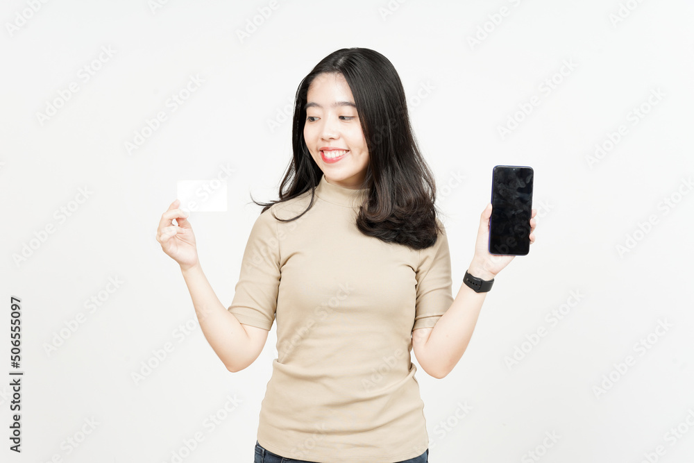 Holding Blank Bank Card and Blank Screen Smartphone Of Beautiful Asian Woman Isolated On White Holding Blank Bank Card and Blank Screen Smartphone Of Beautiful Asian Woman Isolated On White