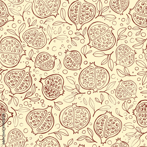 Vector pomegranates with leaves and seeds on a neutral background. Seamless pattern in brown and coffee tones. Fruit and botanical illustrations for print, textile and packaging design.
