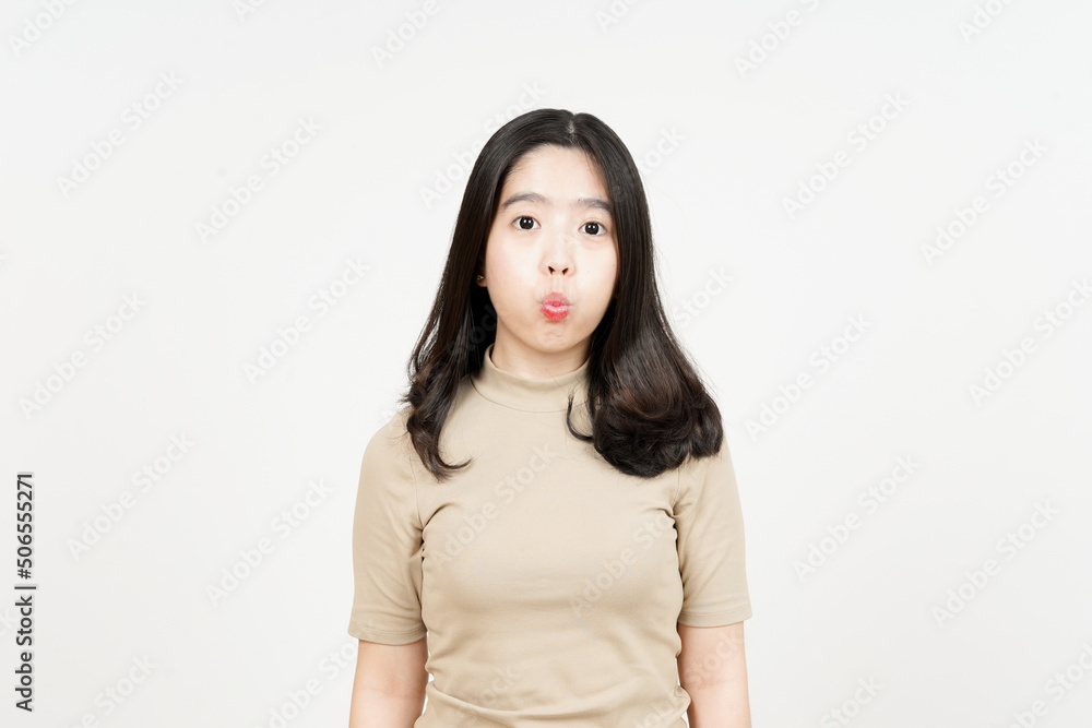 Puffing Cheeks with Funny Face Of Beautiful Asian Woman Isolated On White Background Puffing Cheeks with Funny Face Of Beautiful Asian Woman Isolated On White Background