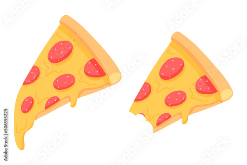 Piece of pizza with salami. Pepperoni pizza. Isolated slice of pizza on a white background. Vector illustration. A whole and bitten burger.