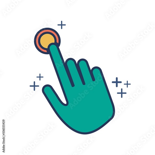 Hand pointing icon vector illustration glyph style design with color and plus sign. Isolated on white background.
