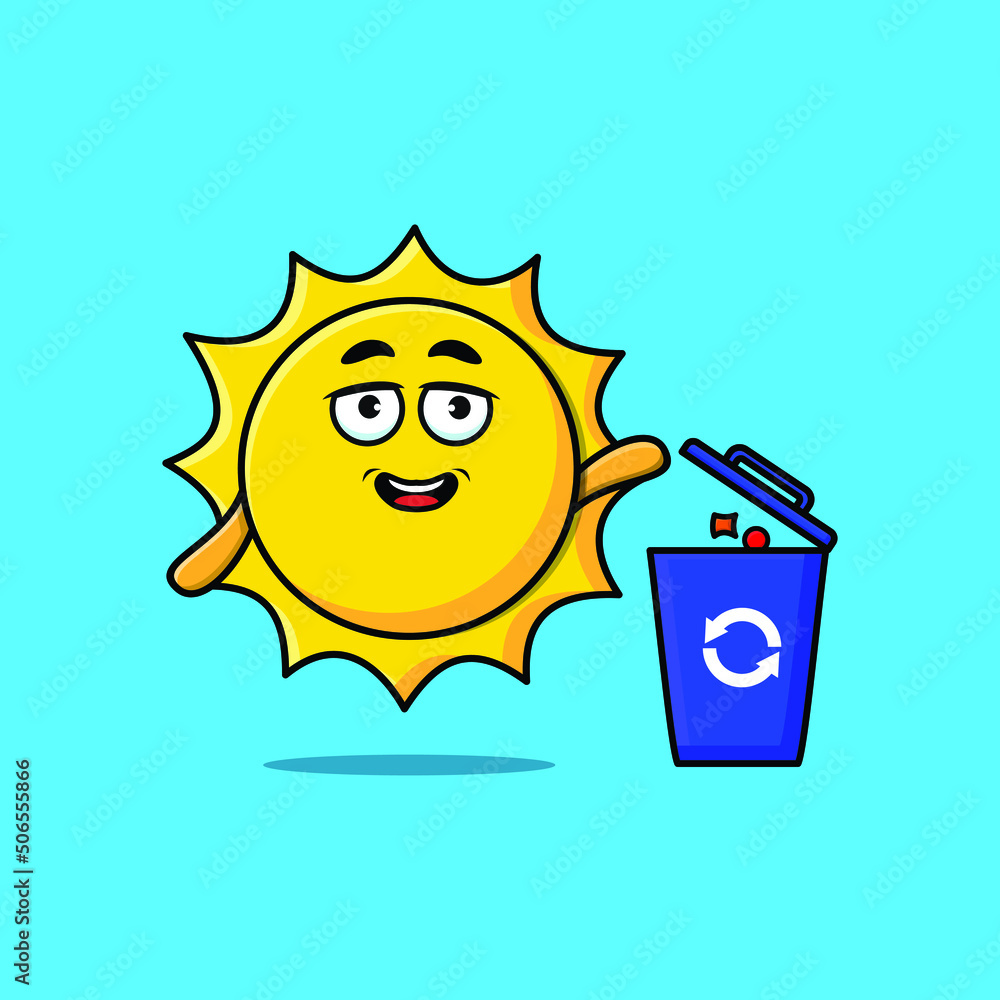 Vetor de Cute cartoon sun throwing trash in the trash in 3d modern