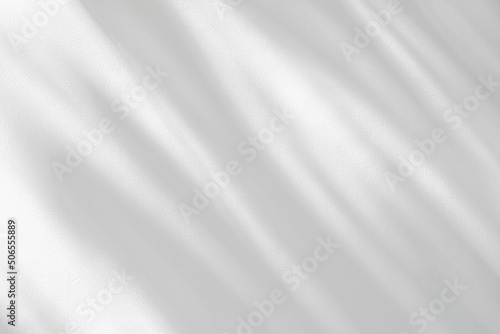 Abstract light shadow of leaf blurred background. Natural diagonal leaves tree branch shadows and sunlight on white wall. Shadow overlay effect foliage mockup