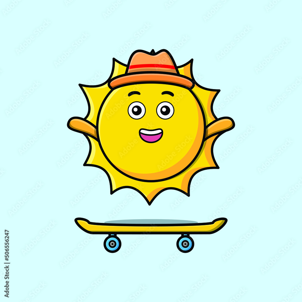 cute cartoon sun standing on skateboard with cartoon vector illustration style