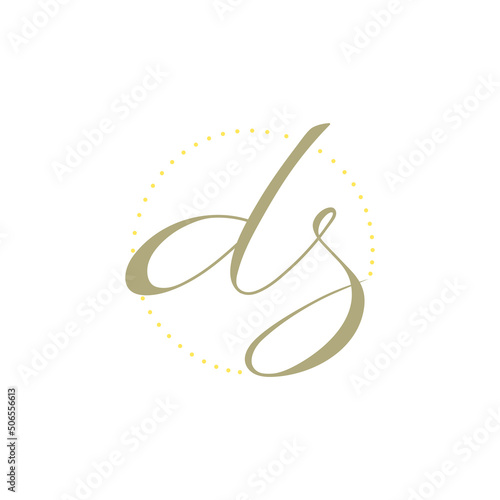 d and s initials. two cursive letters in dotted circle. business logo. simple monogram. brand identity design element. handwritten sign. vector template. gray and yellow image. text round logotype