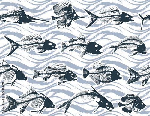 Seamless background with flock of skeleton fishes.