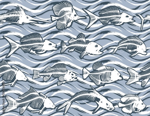 Seamless background with flock of skeleton fishes.