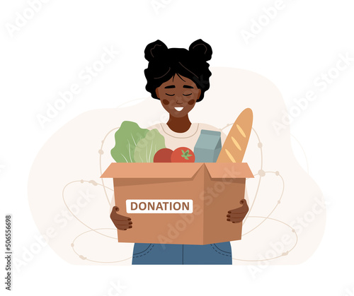 Food donation. African woman holding in hands cardboard box full of different products. Volunteering and social care concept. Support for poor people. Vector illustration in flat cartoon style.