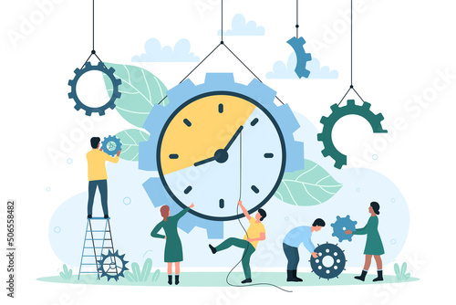 Time management and tiny group of office workers working with mechanism and gears. Cartoon character pulling clock hand to control tasks of business process flat vector illustration. Deadline concept